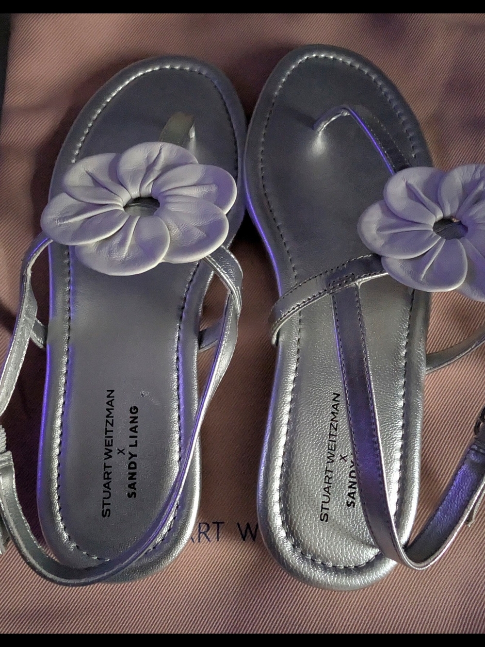 Stuart Weitzman Silver Floral Thong Sandals
